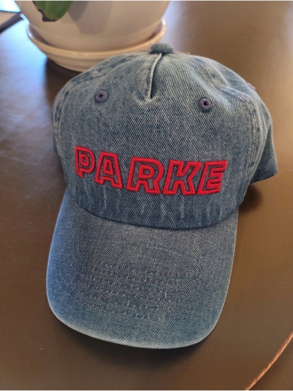 PARKE Denim Baseball Cap in Blue with Red Embroidery